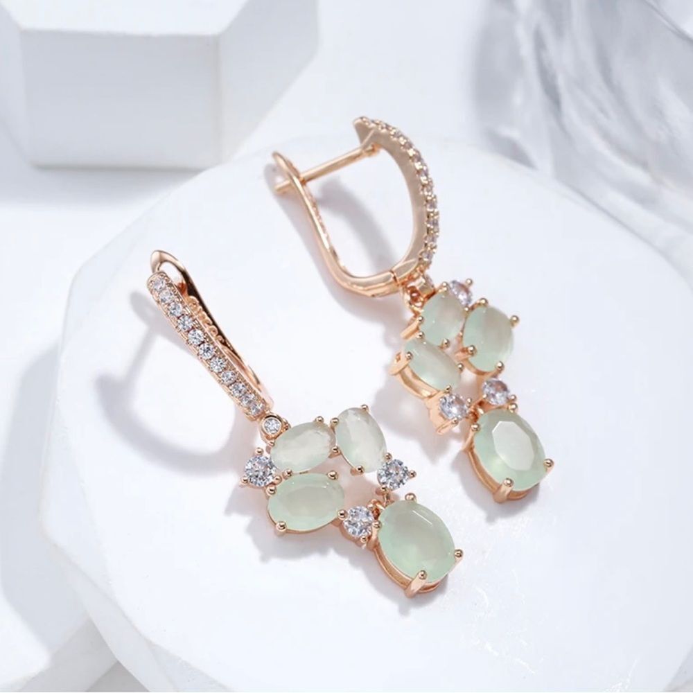 585 Rose Gold Green Zirconia Dangle Earrings - Picture 4 of 9